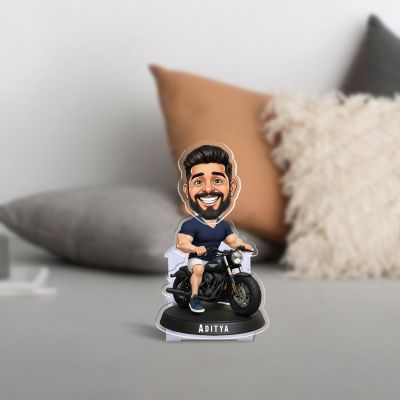 Personalized Bobblehead Caricature on Motorcycle with Custom Name Stand, Cartoon Character Figurine Desk Decor Battery Powered Moving Head Feature